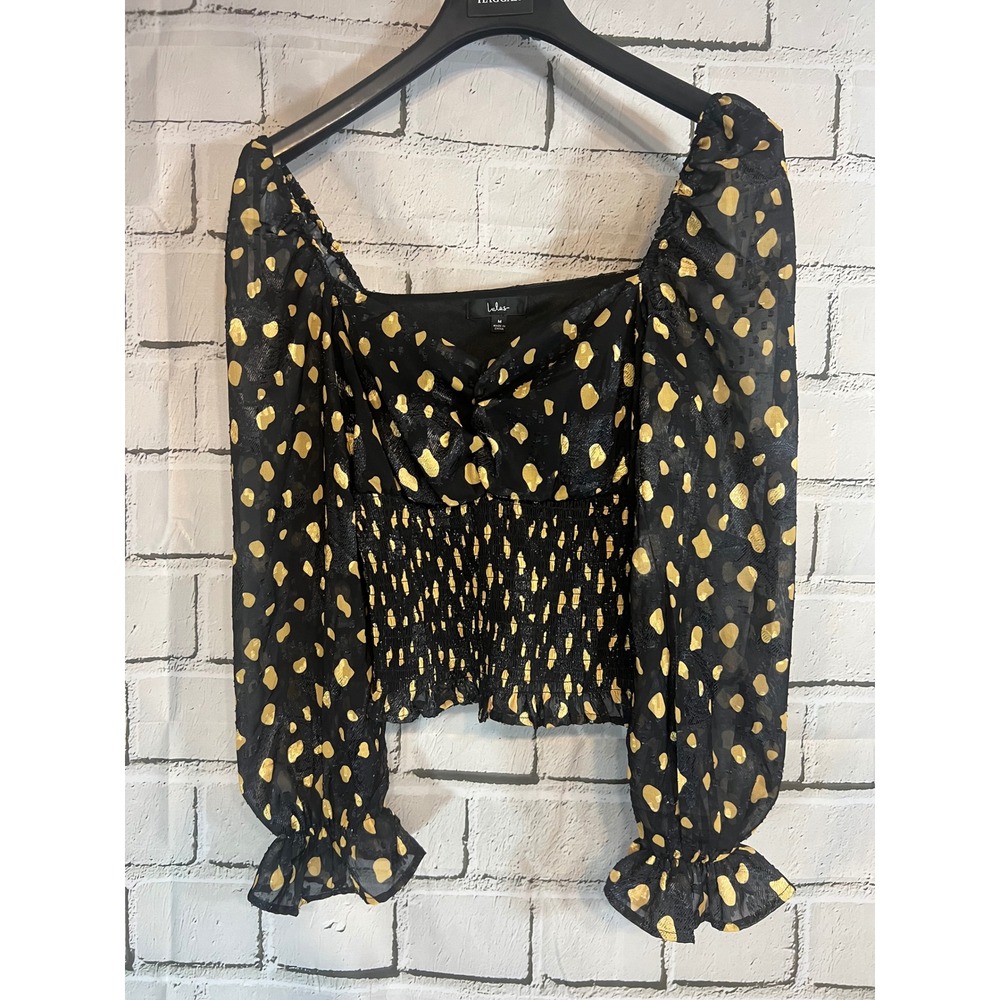 Lulus Black Gold Metallic Polka Dot Smocked Long Sleeve Crop Top Blouse Medium